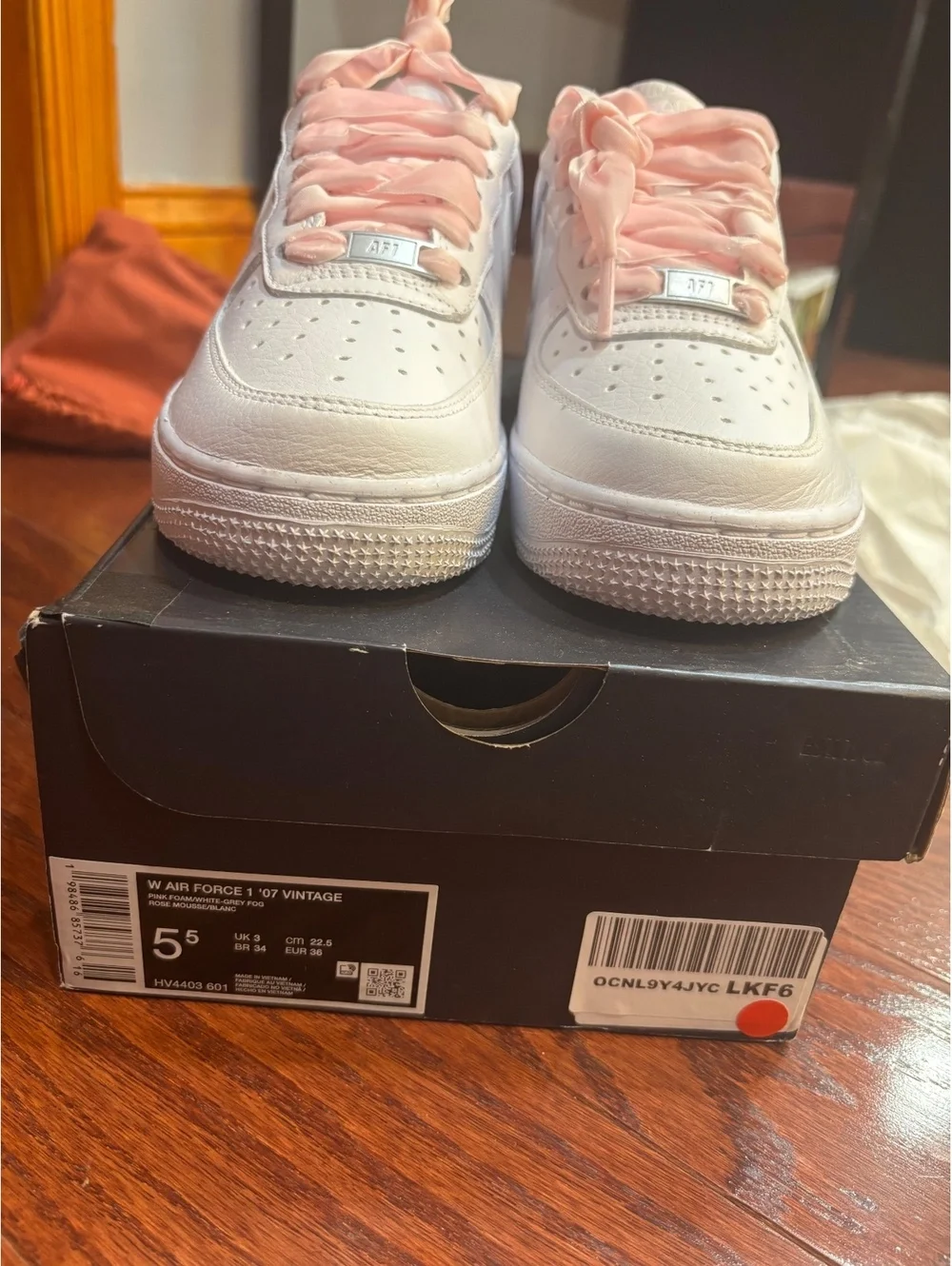 Size 5.5 Nike Air Force 1 Low Pink Velvet Laces (Women's)
